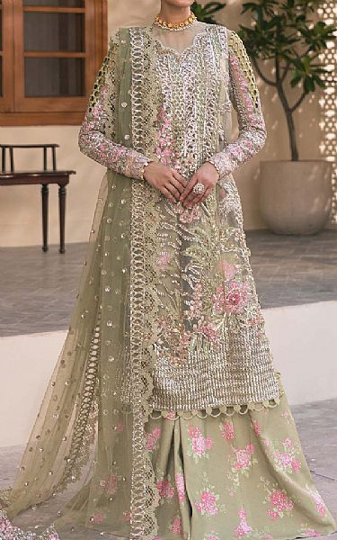 Maryam Hussain Sage Green Net Suit | Pakistani Embroidered Chiffon Dresses USA- Image 1