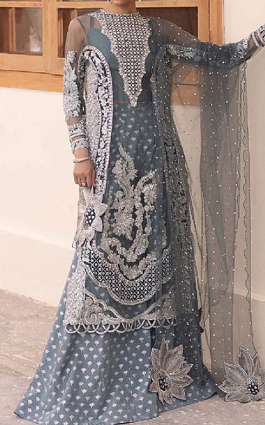Maryam Hussain Cadet Grey Net Suit | Pakistani Embroidered Chiffon Dresses USA- Image 1