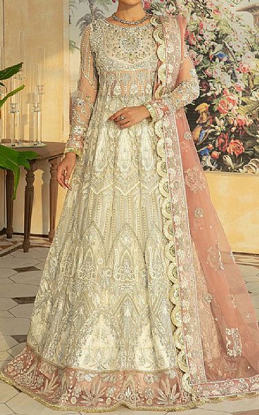 Maryam Hussain Off-white Net Suit | Pakistani Embroidered Chiffon Dresses- Image 1