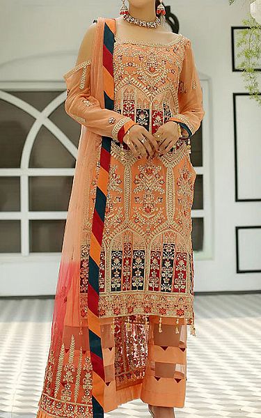 Maryams Atomic Tangerine Chiffon Suit | Pakistani Dresses in USA- Image 1