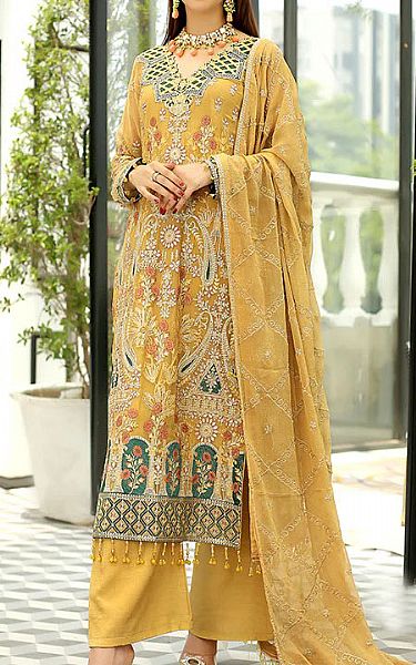 Maryams Mustard Chiffon Suit | Pakistani Dresses in USA- Image 1