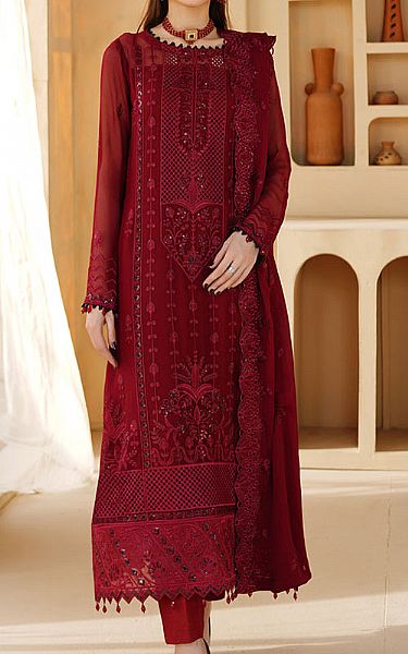 Maryams Wine Chiffon Suit | Pakistani Embroidered Chiffon Dresses USA- Image 1