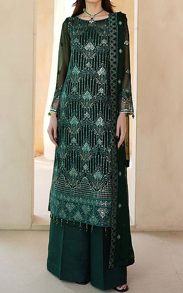 Maryams Bottle Green Chiffon Suit | Pakistani Embroidered Chiffon Dresses USA- Image 1