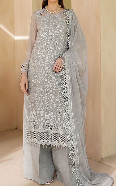 Maryams Grey Chiffon Suit | Pakistani Embroidered Chiffon Dresses USA- Image 1