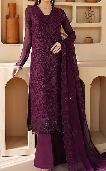 Maryams Egg Plant Chiffon Suit | Pakistani Embroidered Chiffon Dresses USA- Image 1