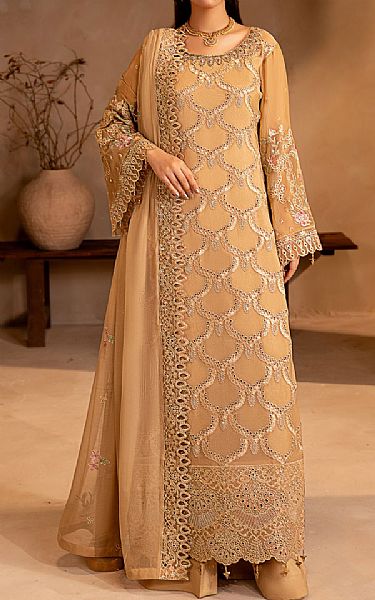 Maryams Fawn Chiffon Suit | Pakistani Embroidered Chiffon Dresses USA- Image 1