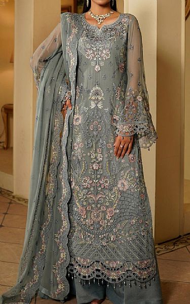 Maryams Grey Chiffon Suit | Pakistani Embroidered Chiffon Dresses USA- Image 1