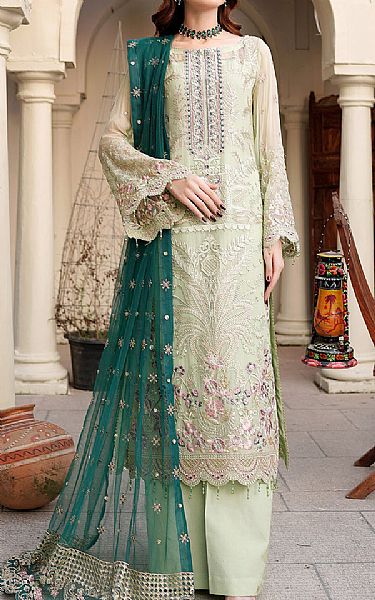 Maryams Pistachio Green Chiffon Suit | Pakistani Embroidered Chiffon Dresses- Image 1