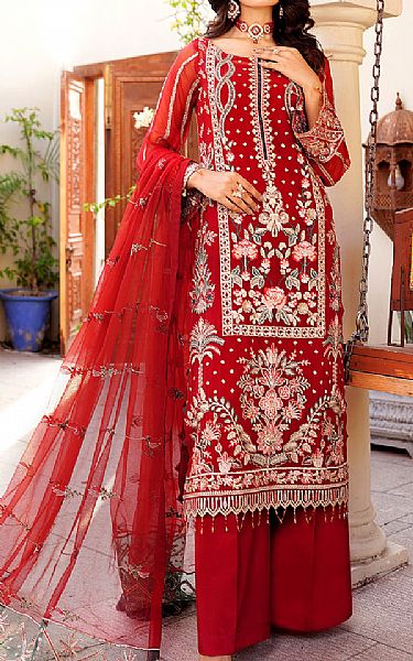 Maryams Red Chiffon Suit | Pakistani Embroidered Chiffon Dresses- Image 1