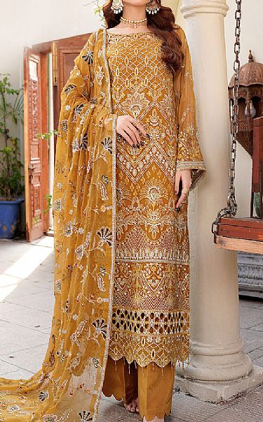 Maryams Mustard Chiffon Suit | Pakistani Embroidered Chiffon Dresses- Image 1