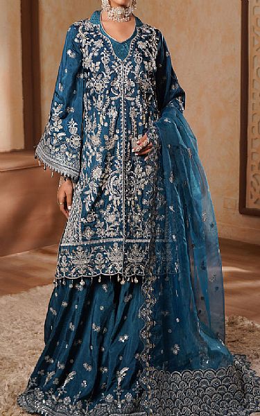 Maryams Navy Blue Silk Suit | Pakistani Embroidered Chiffon Dresses USA- Image 1