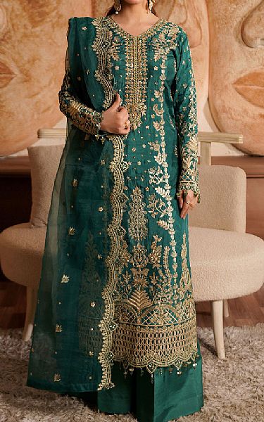 Maryams Emerald Green Silk Suit | Pakistani Embroidered Chiffon Dresses USA- Image 1
