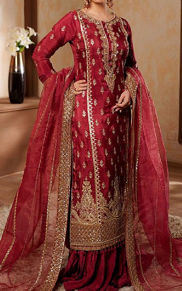 Maryams Crimson Silk Suit | Pakistani Embroidered Chiffon Dresses USA- Image 1
