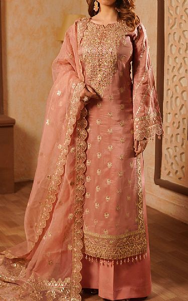 Maryams Peach Silk Suit | Pakistani Embroidered Chiffon Dresses USA- Image 1