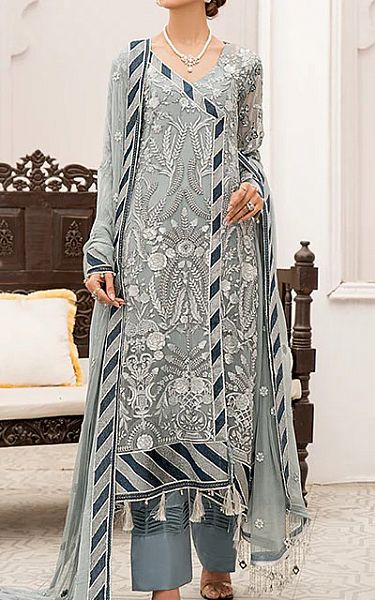 Maryams Slate Grey Chiffon Suit | Pakistani Dresses in USA- Image 1