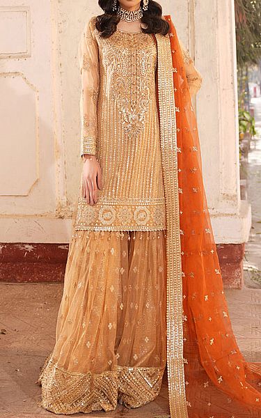 Maryams Fawn Organza Suit | Pakistani Embroidered Chiffon Dresses USA- Image 1