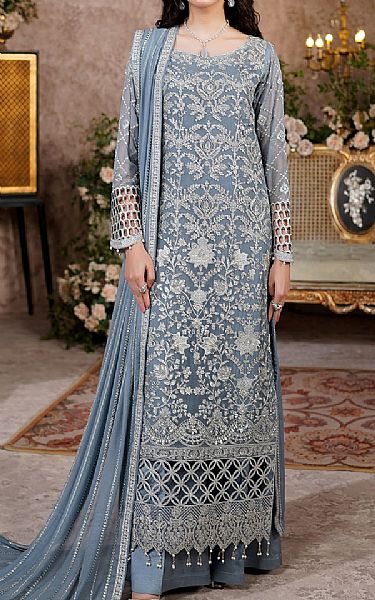 Maryams Cadet Grey Chiffon Suit | Pakistani Embroidered Chiffon Dresses USA- Image 1