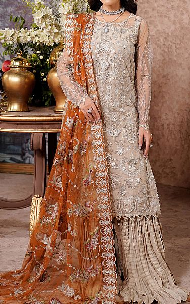 Maryams Ivory/Orange Net Suit | Pakistani Embroidered Chiffon Dresses USA- Image 1