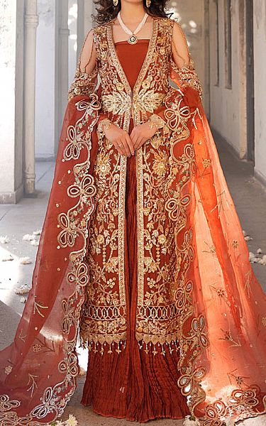 Maryams Bright Orange Organza Suit | Pakistani Embroidered Chiffon Dresses USA- Image 1