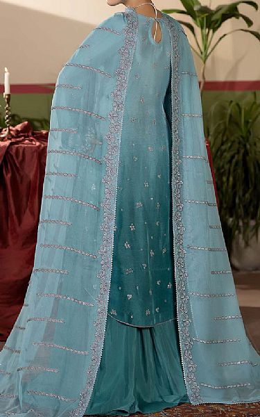 Maryams Turquoise Silk Suit | Pakistani Embroidered Chiffon Dresses USA- Image 2