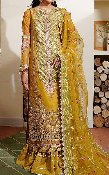 Maryams Satin Sheen Gold Organza Suit | Pakistani Embroidered Chiffon Dresses USA- Image 1
