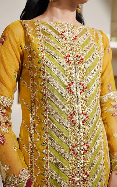 Maryams Satin Sheen Gold Organza Suit | Pakistani Embroidered Chiffon Dresses USA- Image 3