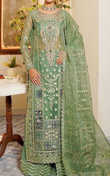 Maryams Slate Green Organza Suit | Pakistani Embroidered Chiffon Dresses USA- Image 1