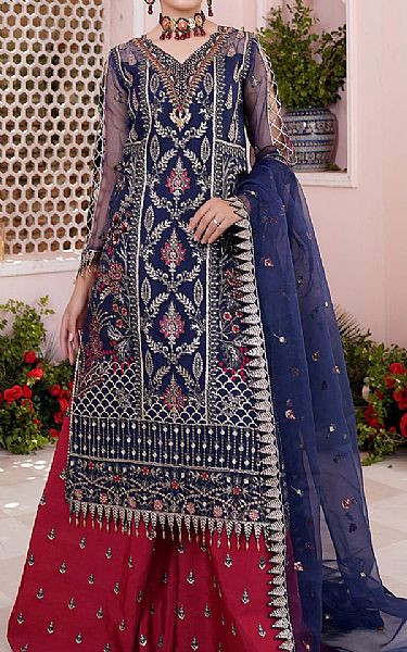Maryams Blue/Crimson Organza Suit | Pakistani Embroidered Chiffon Dresses- Image 1