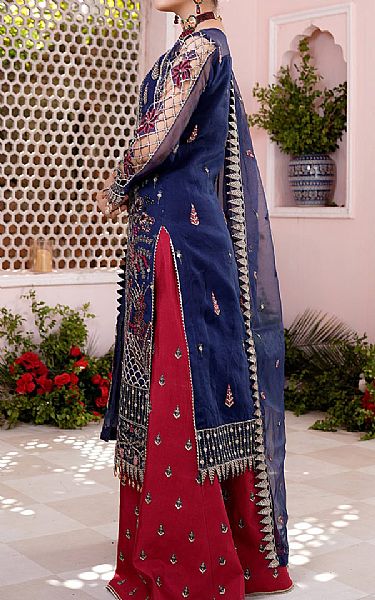 Maryams Blue/Crimson Organza Suit | Pakistani Embroidered Chiffon Dresses- Image 2