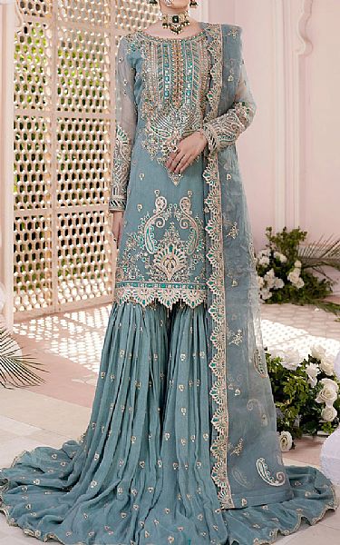 Maryams Baby Blue Organza Suit | Pakistani Embroidered Chiffon Dresses- Image 1