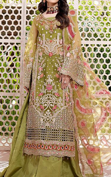 Maryams Green Organza Suit | Pakistani Embroidered Chiffon Dresses- Image 1