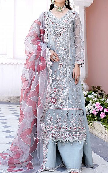 Maryams Light Grey Organza Suit | Pakistani Embroidered Chiffon Dresses- Image 1