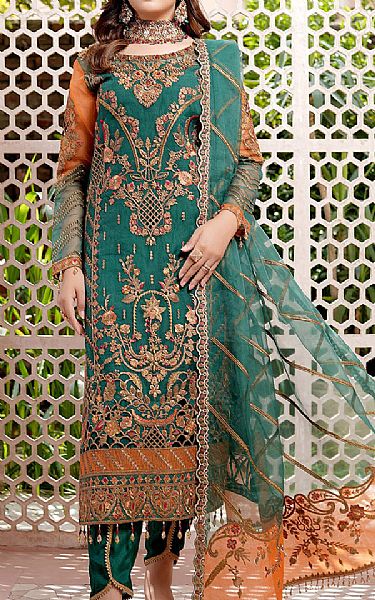 Maryams Teal Organza Suit | Pakistani Embroidered Chiffon Dresses- Image 1