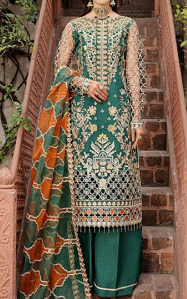 Maryams Teal Green Organza Suit | Pakistani Embroidered Chiffon Dresses- Image 1
