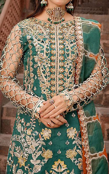 Maryams Teal Green Organza Suit | Pakistani Embroidered Chiffon Dresses- Image 3