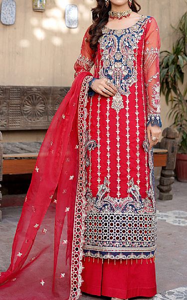 Maryams Red Ribbon Organza Suit | Pakistani Embroidered Chiffon Dresses USA- Image 1