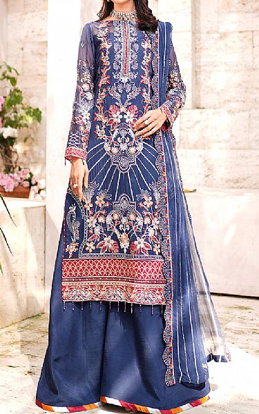 Maryams Cornflower Blue Chiffon Suit | Pakistani Embroidered Chiffon Dresses- Image 1