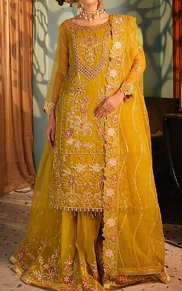 Maryams Mustard Organza Suit | Pakistani Embroidered Chiffon Dresses- Image 1