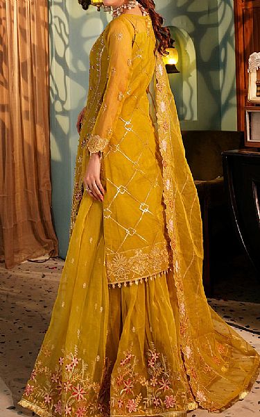 Maryams Mustard Organza Suit | Pakistani Embroidered Chiffon Dresses- Image 2