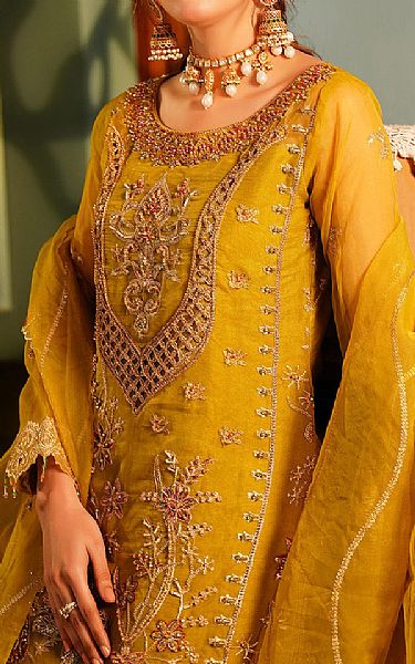 Maryams Mustard Organza Suit | Pakistani Embroidered Chiffon Dresses- Image 3
