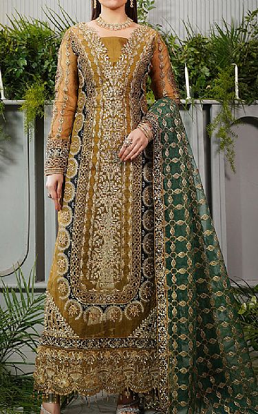 Maryams Olive Organza Suit | Pakistani Embroidered Chiffon Dresses- Image 1