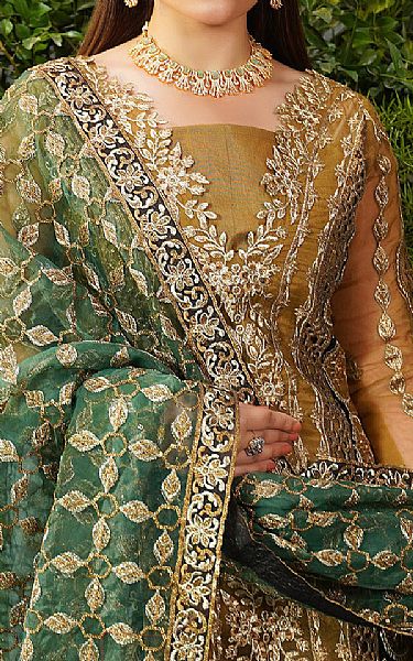 Maryams Olive Organza Suit | Pakistani Embroidered Chiffon Dresses- Image 3