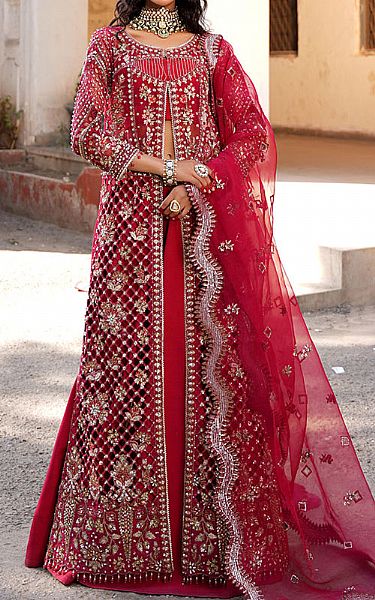 Maryams Crimson Organza Suit | Pakistani Embroidered Chiffon Dresses USA- Image 1