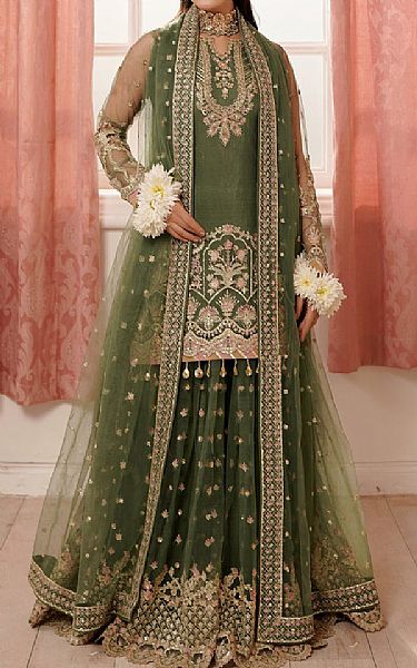 Maryams Green Net Suit | Pakistani Embroidered Chiffon Dresses USA- Image 1