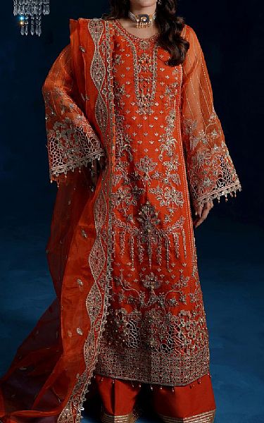 Maryams Bright Orange Organza Suit | Pakistani Embroidered Chiffon Dresses USA- Image 1