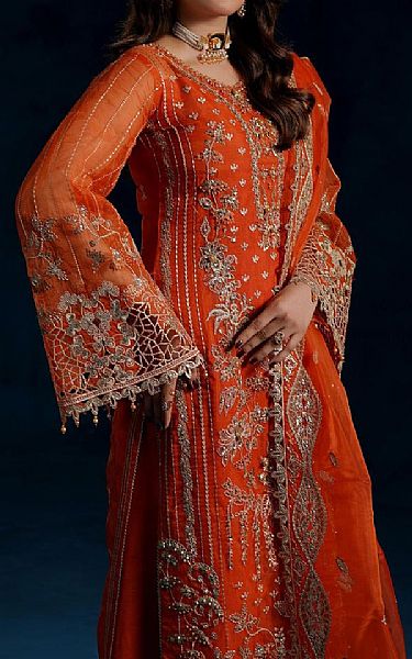 Maryams Bright Orange Organza Suit | Pakistani Embroidered Chiffon Dresses USA- Image 3