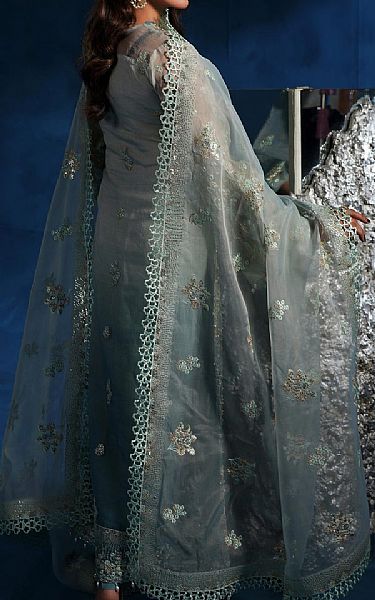 Maryams Grey/Beetle Green Organza Suit | Pakistani Embroidered Chiffon Dresses USA- Image 2