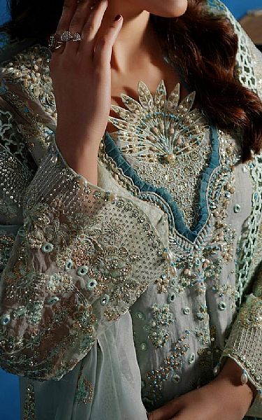 Maryams Grey/Beetle Green Organza Suit | Pakistani Embroidered Chiffon Dresses USA- Image 3