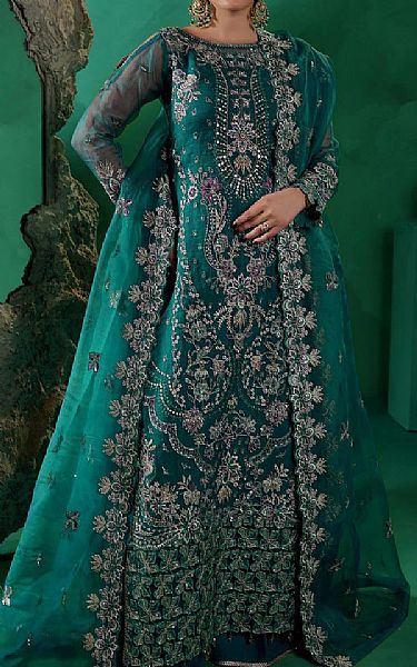 Maryams Teal Organza Suit | Pakistani Embroidered Chiffon Dresses USA- Image 1