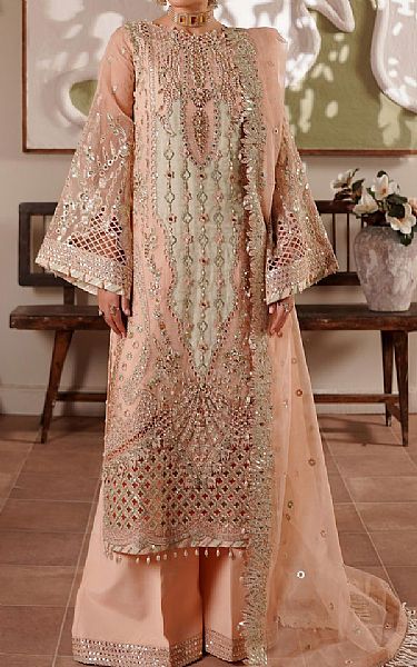 Maryams Peach Organza Suit | Pakistani Embroidered Chiffon Dresses USA- Image 1